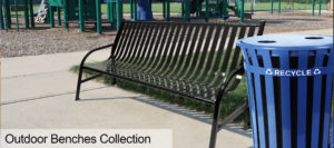 Witt Industries Black Metal Outdoor Bench Collection and Blue Recycling Trash Can