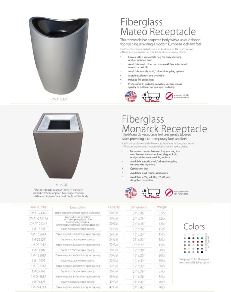 Witt Fiberglass Mateo and Monarch Indoor Trash Can Catalog Page Transparent