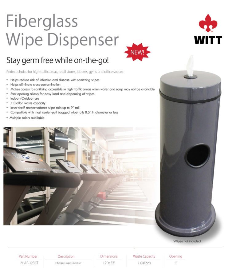 Witt Industries Fiberglass Wipe Dispenser Collection Trash Bins in Silver