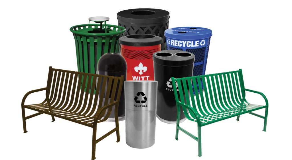 Witt Products Collage of Outdoor Metal Bench and Waste Receptacles Transparent Background