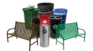 Witt Products Collage of Outdoor Metal Bench and Waste Receptacles Transparent Background