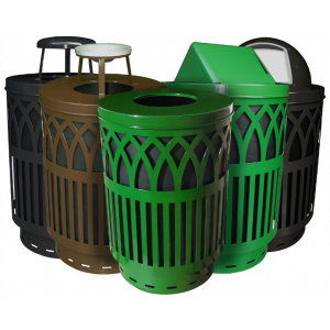 Witt Industries Covington Collection Industrial Garbage Cans in Brown, Black, and Green