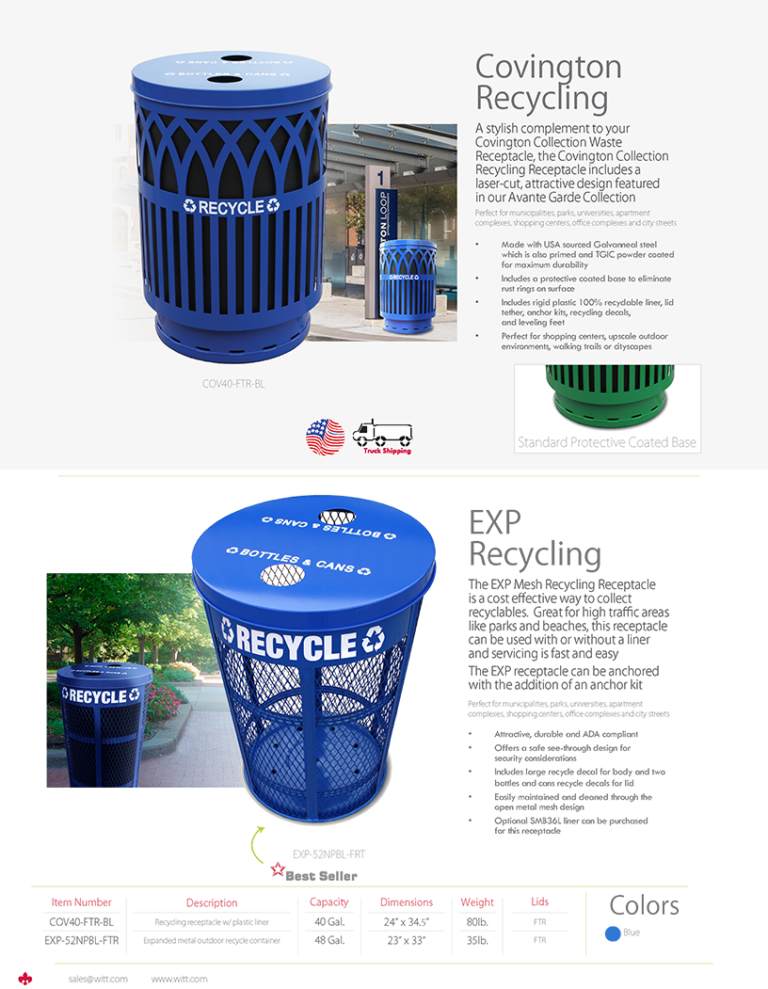 Witt Industries Covington and EXP Recycling Collection Recycling Trash Can Catalog Page