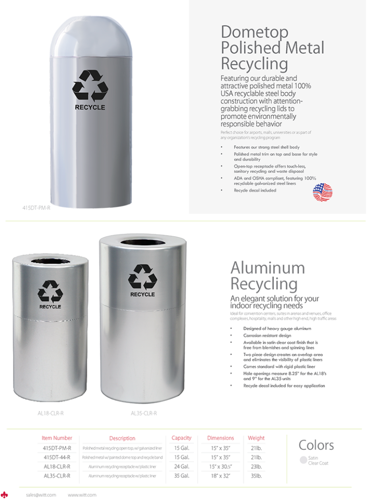 Witt Industries Dome Top Polished Metal Recycling Trash Can Collection Catalog Page