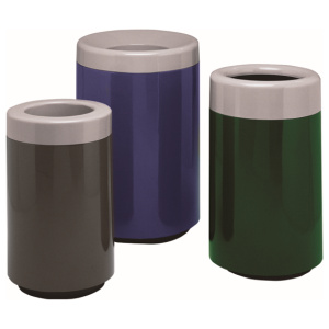 Witt Industries Fiberglass Round Top Entry Collection Industrial Garbage Cans in Green, Blue, and Silver