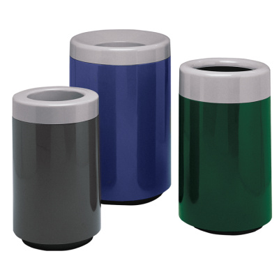 Witt Industries Fiberglass Round Top Entry Collection Commercial Waste Receptacles in Green, Blue, and Silver