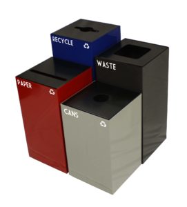 Witt Industries Geo Cube Recycling Collection Recycling Trash Cans in Blue, Black, Red, and Grey