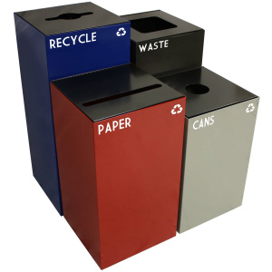 Witt Industries Geo Cube Recycling Collection Recycling Receptacles in Blue, Black, Red, and Grey