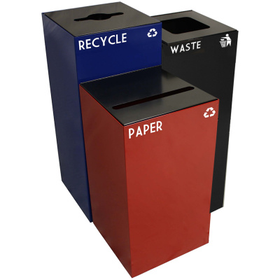Witt Industries Red, Black, and Blue Geocube Collection Recycling Trash Cans