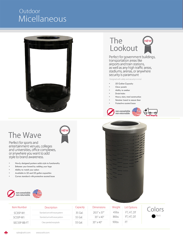 Witt Industries The Lookout and Wave Collection Industrial Garbage Cans Catalog Page