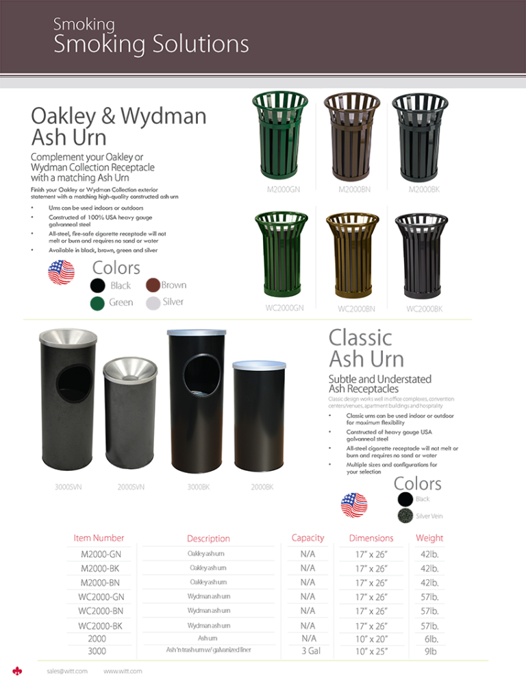 Witt Industries Oakley, Wydman, and Classic Ash Urn Collection Outdoor Trash Cans Catalog Page