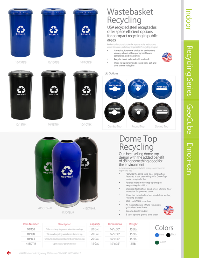 Witt Industries Wastebasket and Dome Top Recycling Collection Recycling Trash Cans Catalog Page