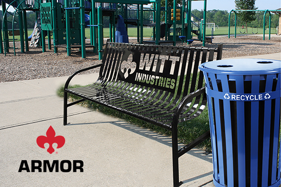 Witt Industries Oakley Outdoor Benches & Recycling Receptacles in Black and Blue